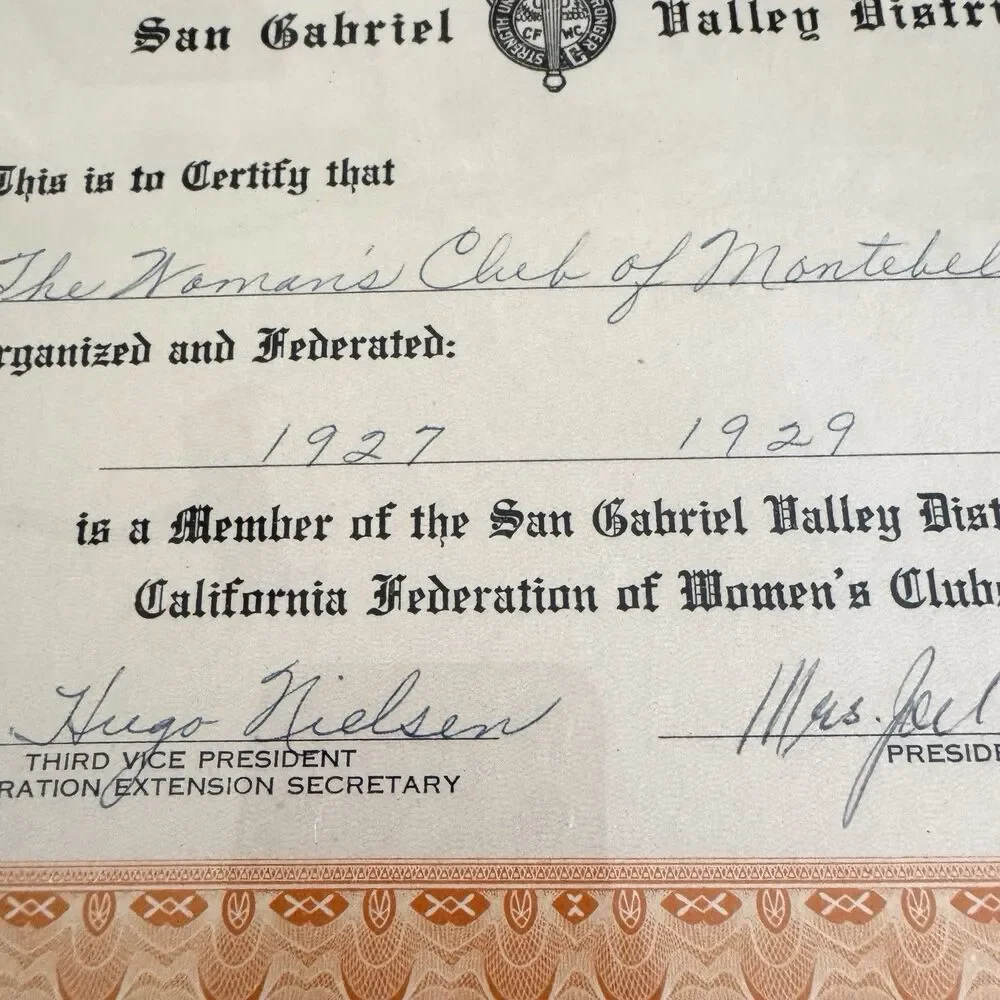 CFWC Certificate Woman's Club Montebello Park Framed Gold Seal Ribbon Vintage